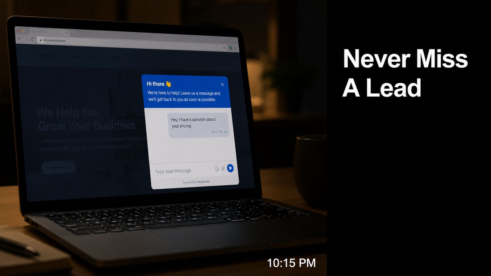 A modern laptop on a desk showing a website with a live chat customer support widget.
