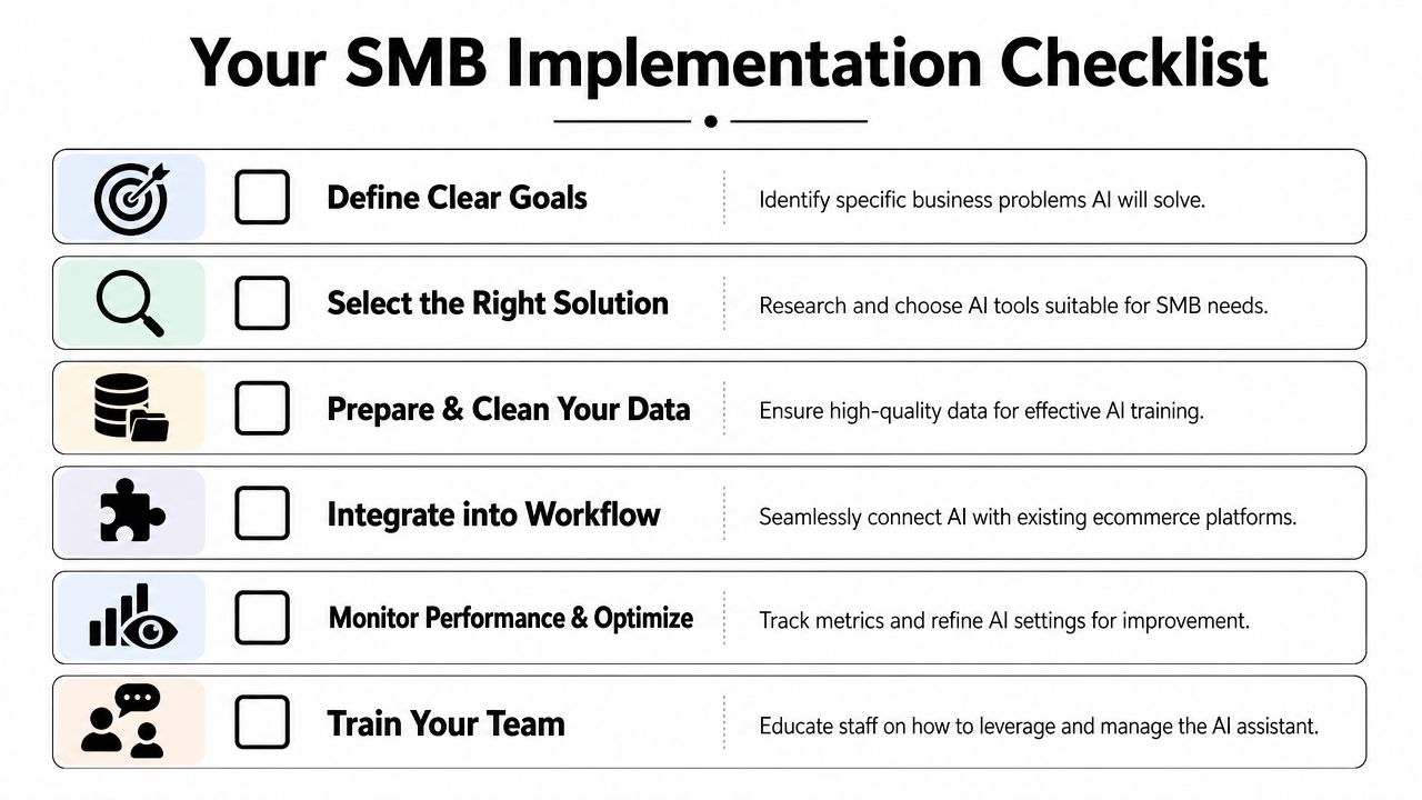 A six-step SMB implementation checklist for integrating AI assistants into ecommerce business operations and workflows.