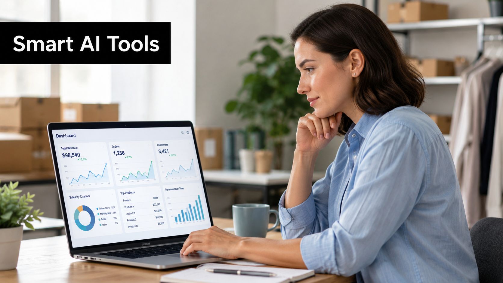 A businesswoman looking at sales analytics and performance metrics on a laptop screen in an office.