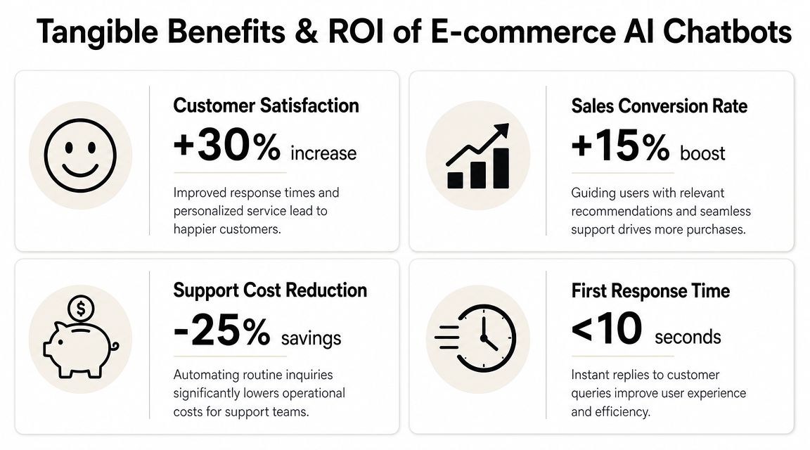 An infographic showing four tangible benefits and ROI metrics of implementing e-commerce AI chatbots for businesses.