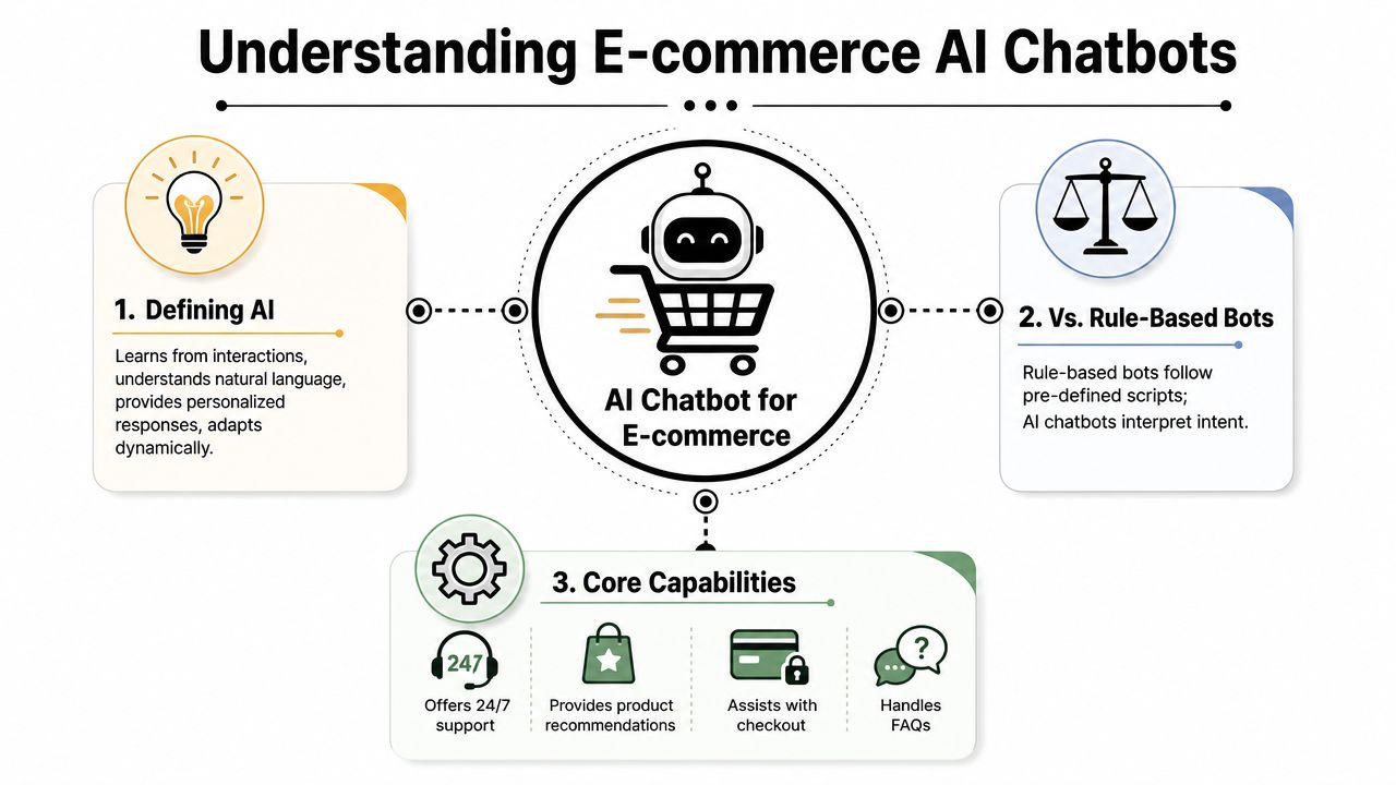 An infographic titled Understanding E-commerce AI Chatbots explaining AI, comparison to rule-based bots, and core capabilities.