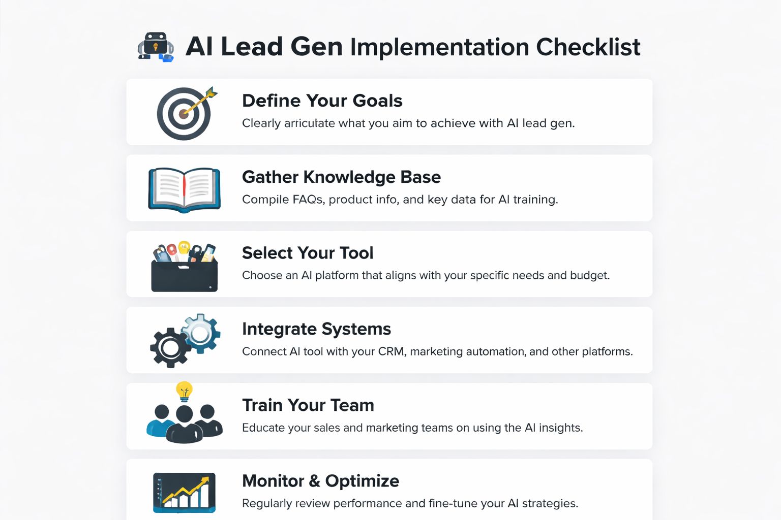 A six-step checklist for implementing AI lead generation, displayed as an infographic with icons for business.