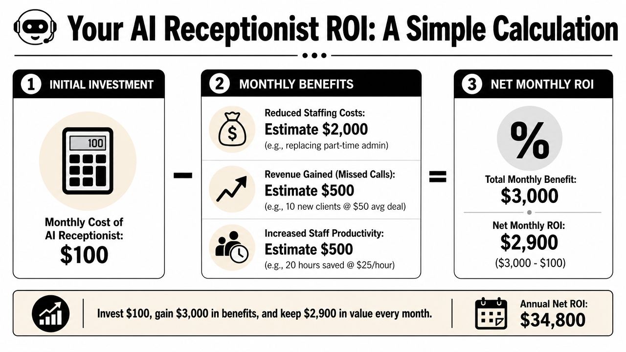 An infographic showing the monthly ROI calculation for implementing an AI receptionist service for small businesses.