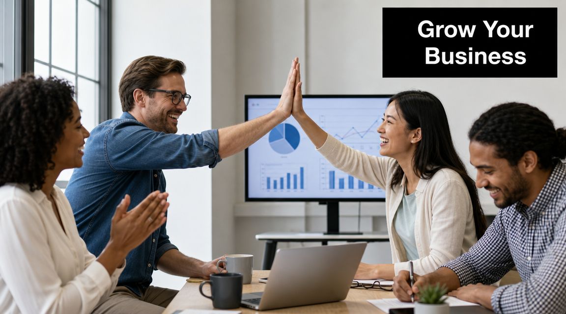 A diverse team of professionals celebrating success in a modern office with a high-five during a meeting.