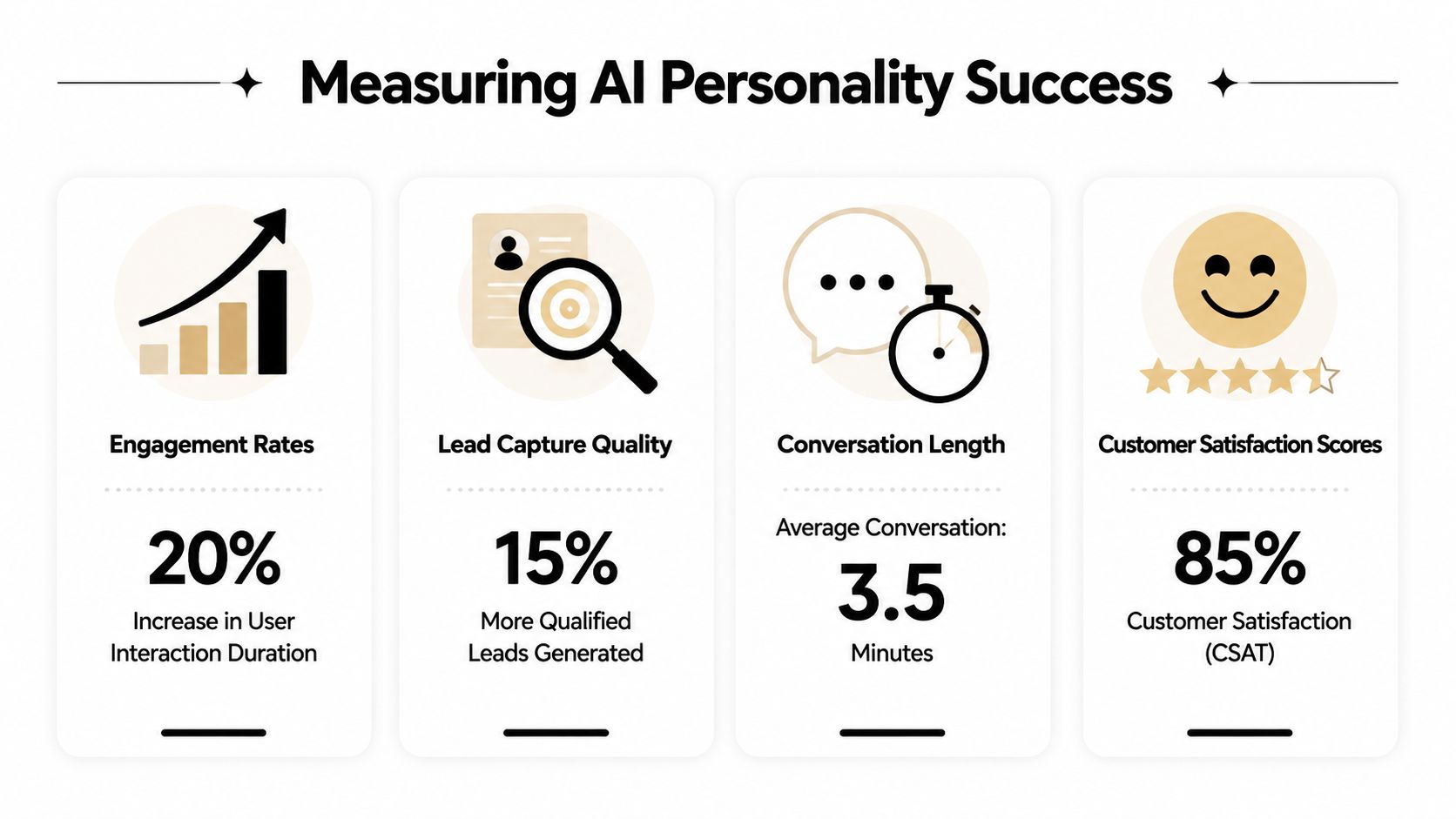 An infographic titled Measuring AI Personality Success showing engagement, lead quality, conversation length, and customer satisfaction metrics.