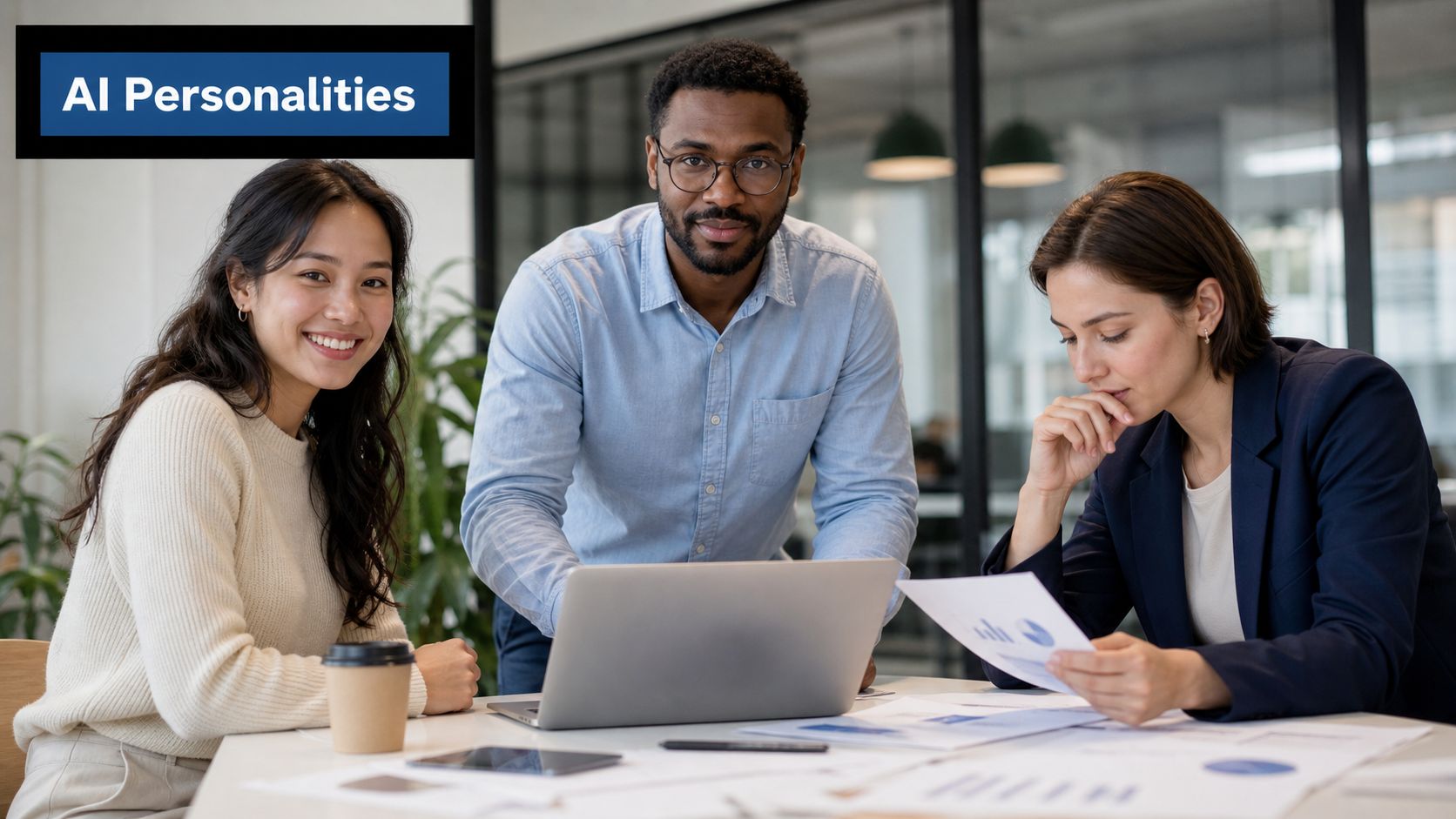 A diverse group of professional colleagues collaborating in a modern office space on an AI project.