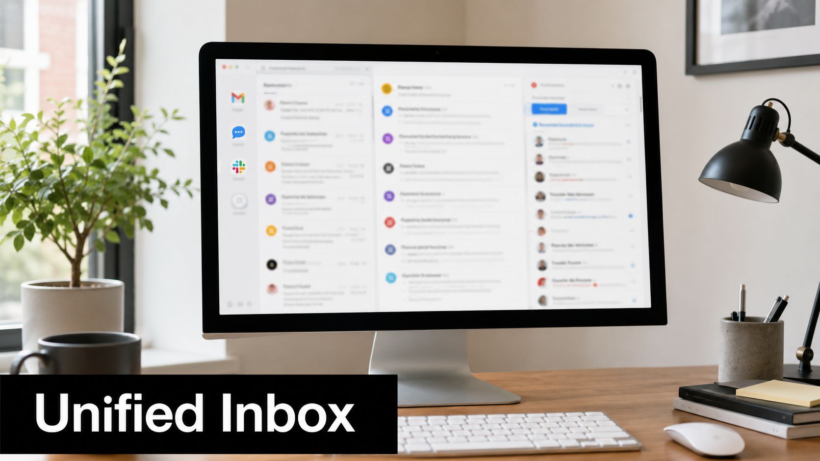 A desktop computer screen showing a unified inbox application for managing multiple communication channels efficiently.