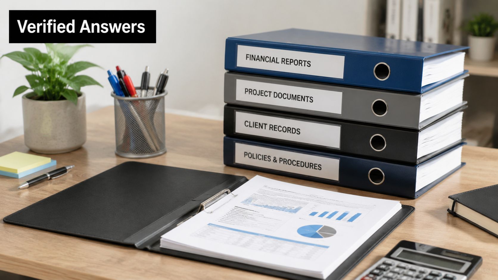 A stack of office binders and a document on a wooden desk with a calculator.