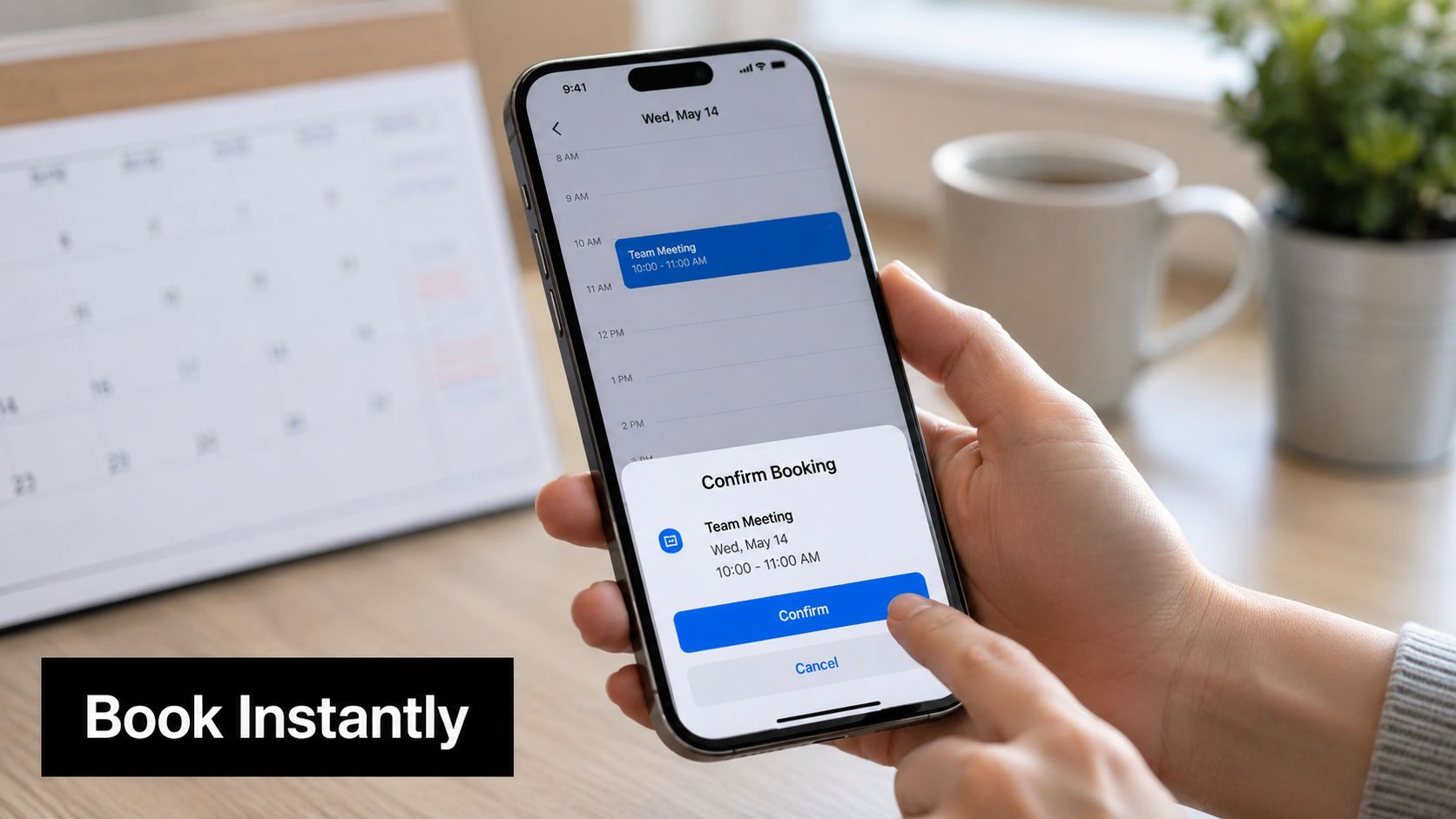 A person confirms a scheduled team meeting booking on their smartphone screen.