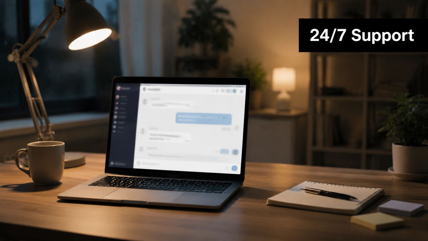A laptop on a wooden desk with a lamp, showing a customer support chat interface online.