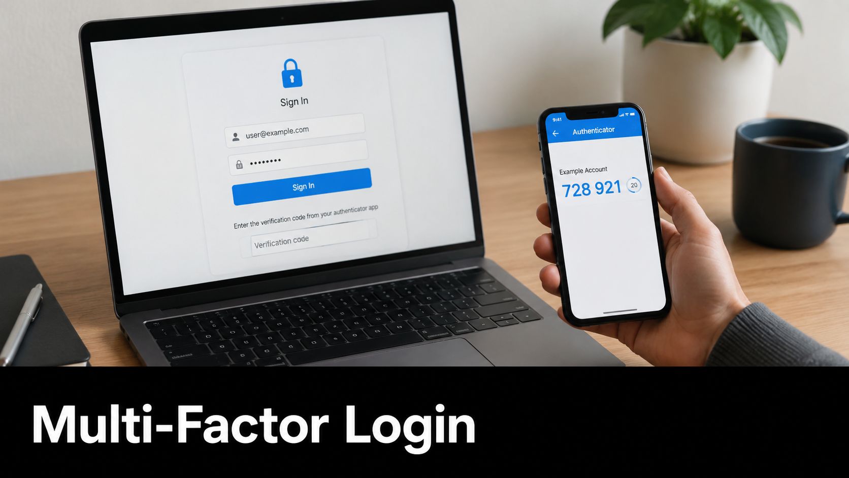 A person holding a smartphone showing a verification code next to a laptop displaying a login screen.