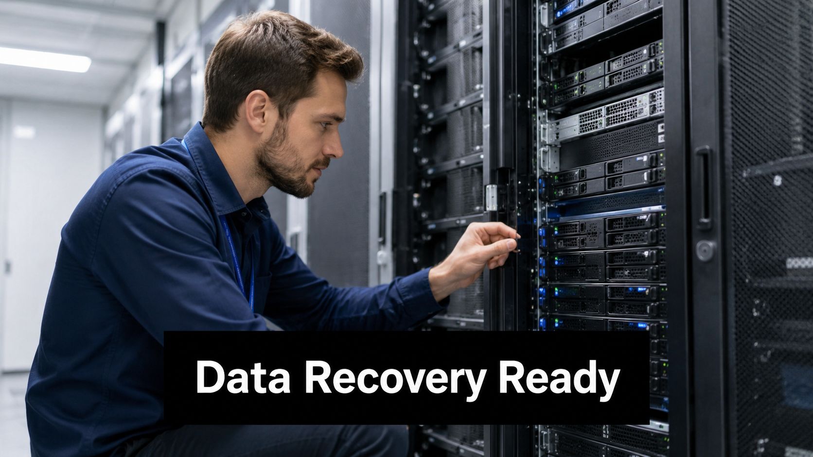 A male IT technician checking server hardware inside a modern data center for maintenance and security.
