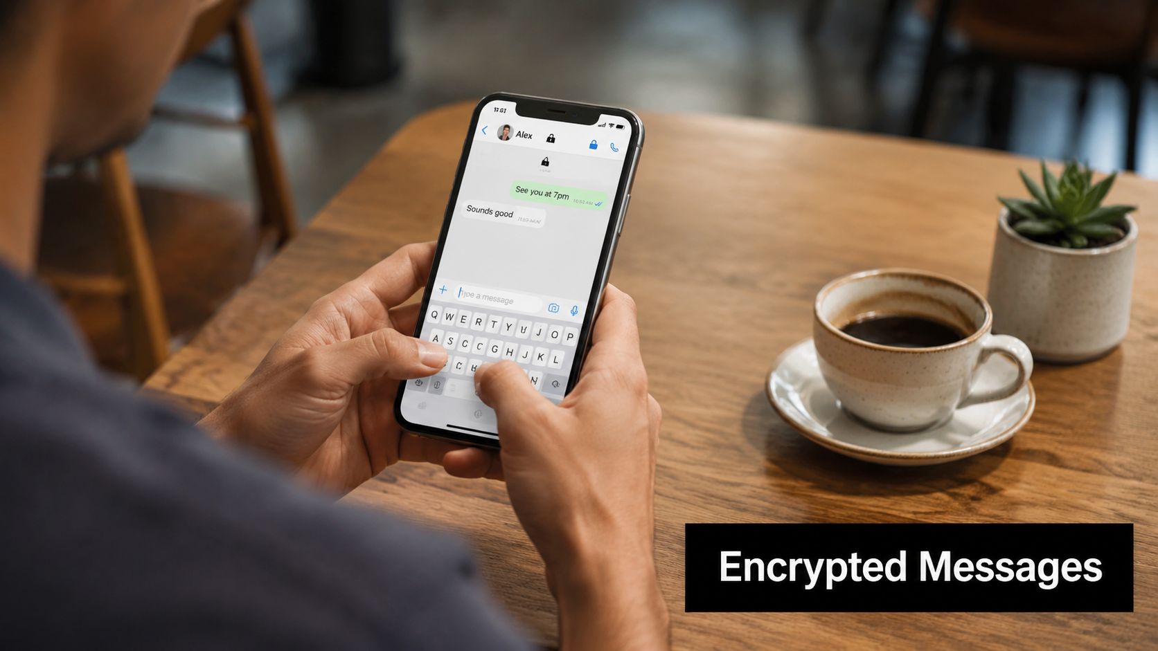 A person holding a smartphone showing an encrypted messaging app conversation while sitting at a table.