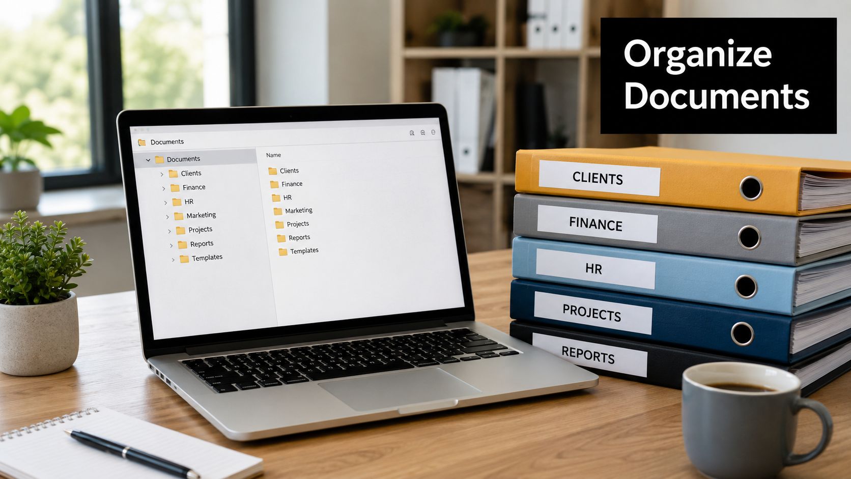 A laptop displaying digital folders and a stack of physical binders illustrating efficient business document management.