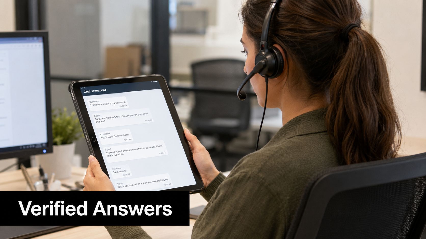A customer service representative wearing a headset reviews a chat transcript on a tablet at her workstation.