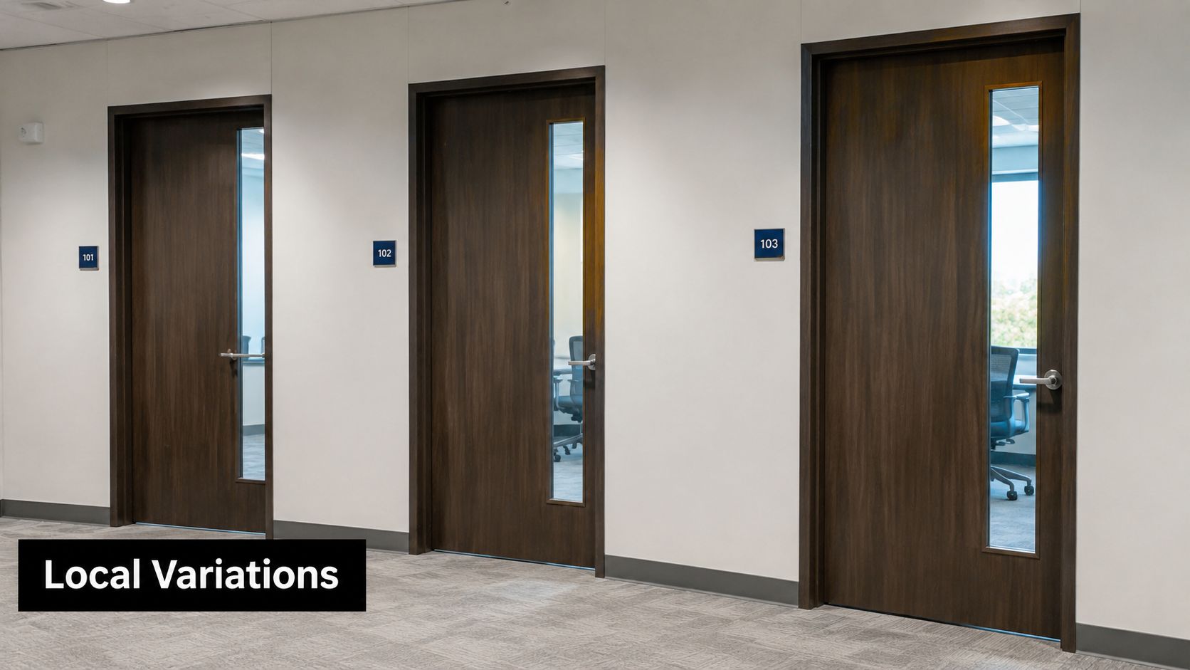 A modern office hallway featuring three wooden doors labeled 101, 102, and 103 with glass side windows.
