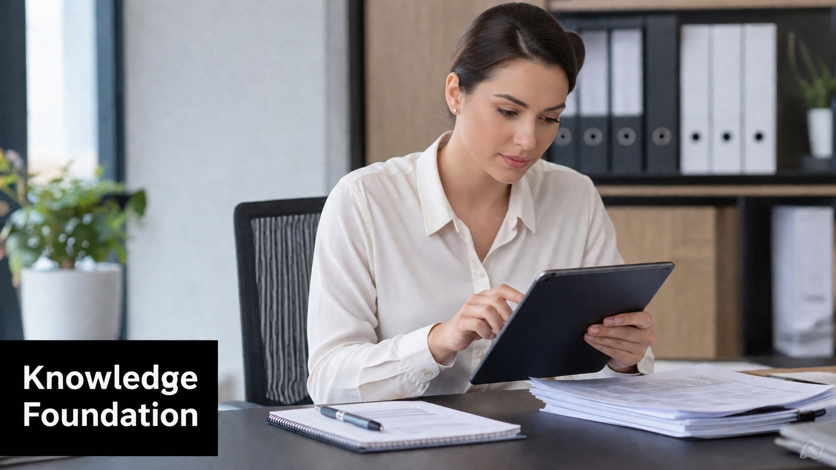 A professional woman in a white shirt reviewing data on a tablet at her office desk.