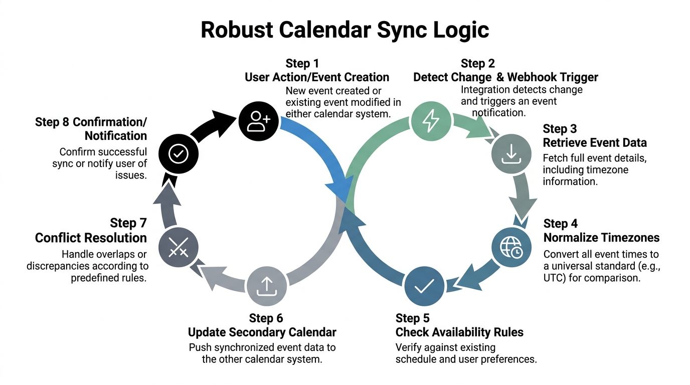 An infographic diagram outlining the eight-step robust workflow for a synchronized calendar integration process.
