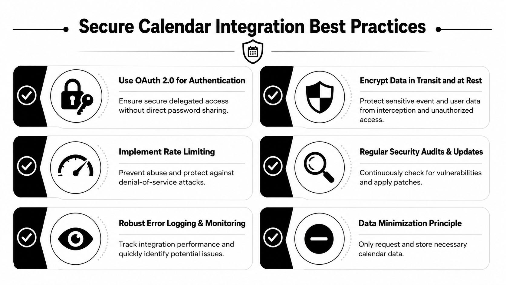 A professional infographic outlining best practices for maintaining secure and reliable calendar integrations in software applications.