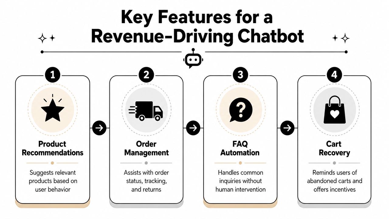 An infographic showing four key features for a revenue-driving e-commerce chatbot including product recommendations and cart recovery.