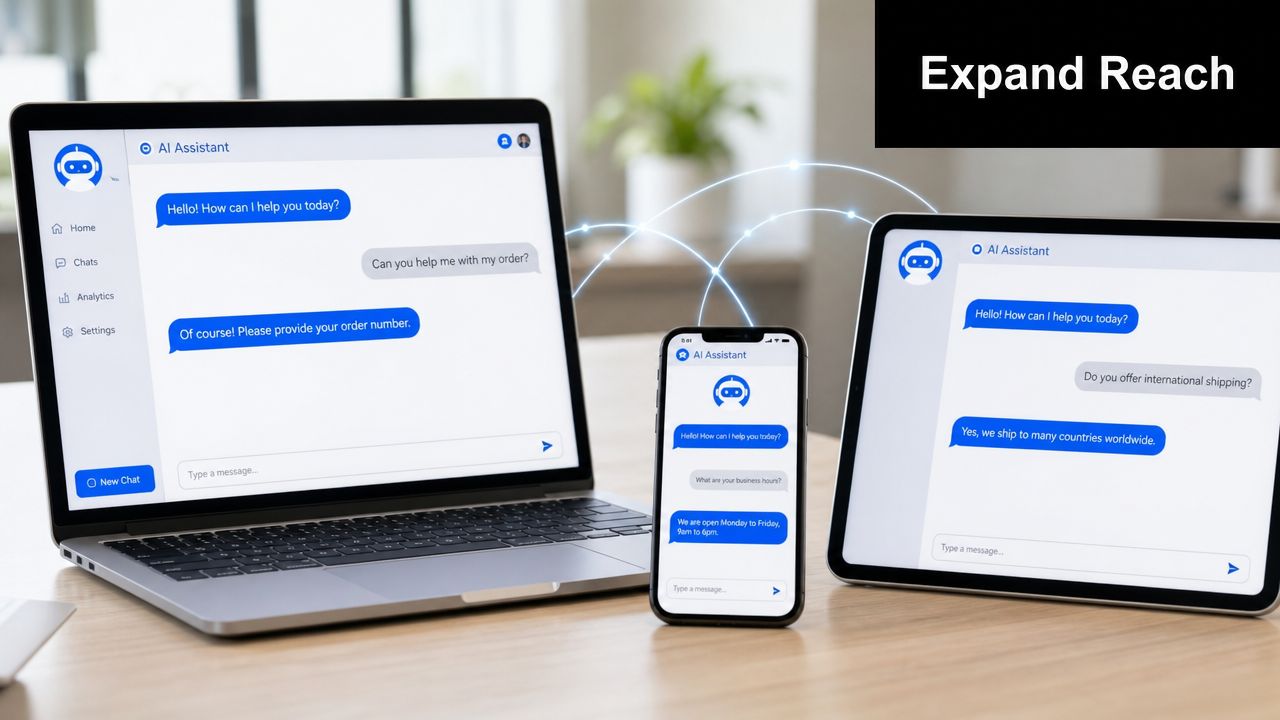 A laptop, smartphone, and tablet displaying an AI customer service chatbot interface on a wooden desk.
