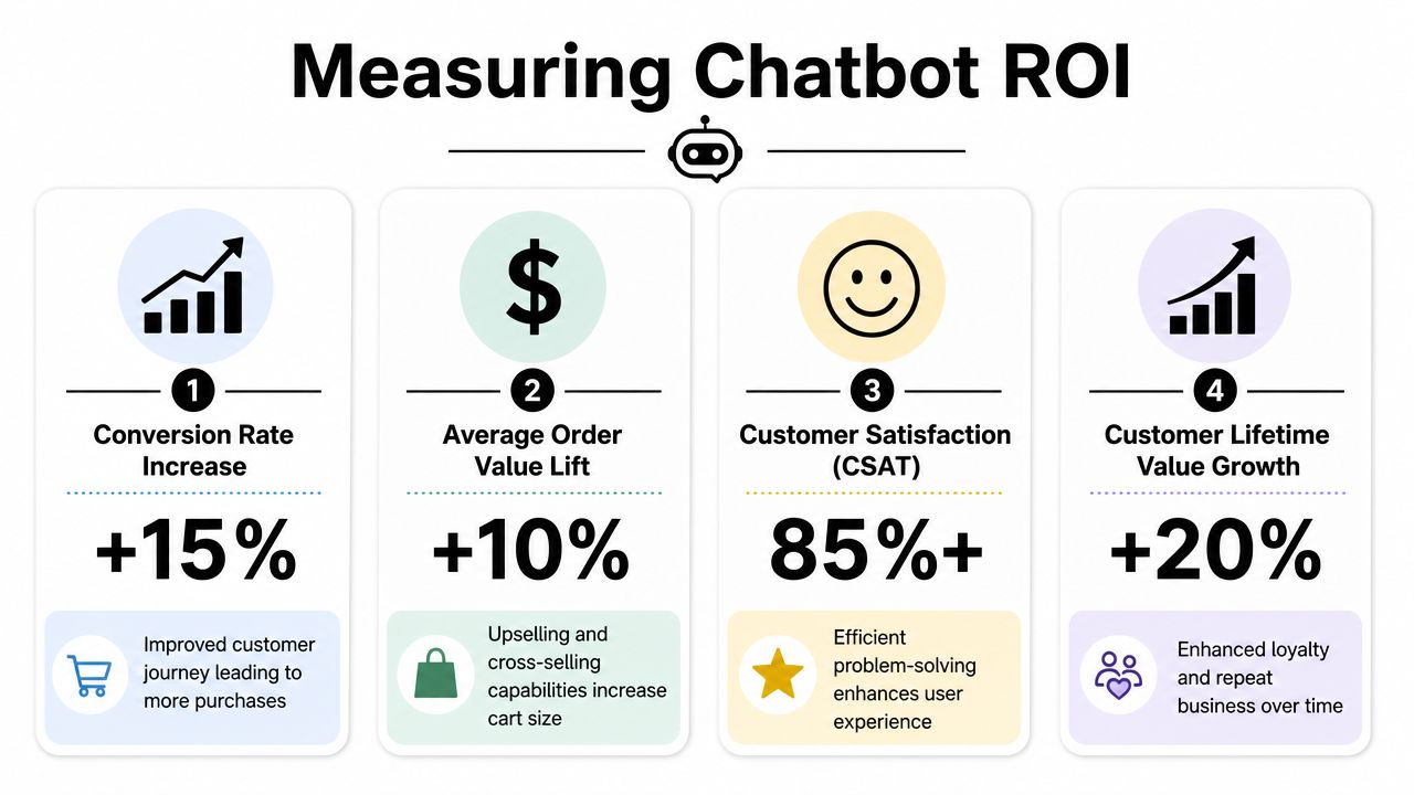 An infographic showing four key metrics to measure chatbot ROI, including conversion, order value, satisfaction, and loyalty.