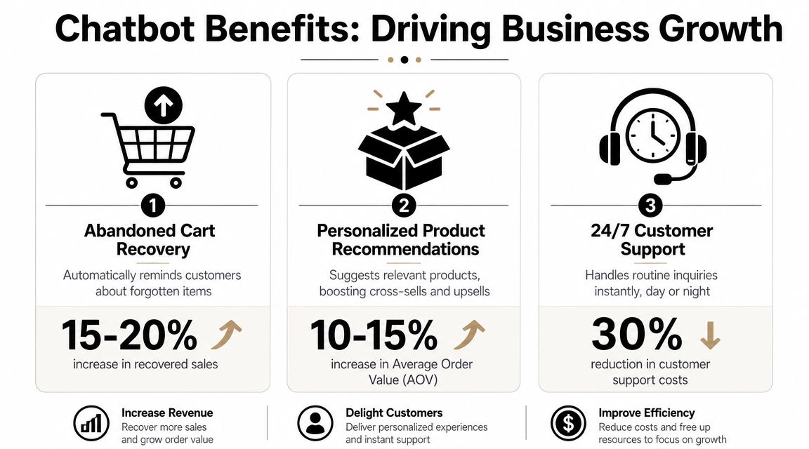 An infographic detailing three key benefits of using chatbots for ecommerce growth including sales recovery and support.