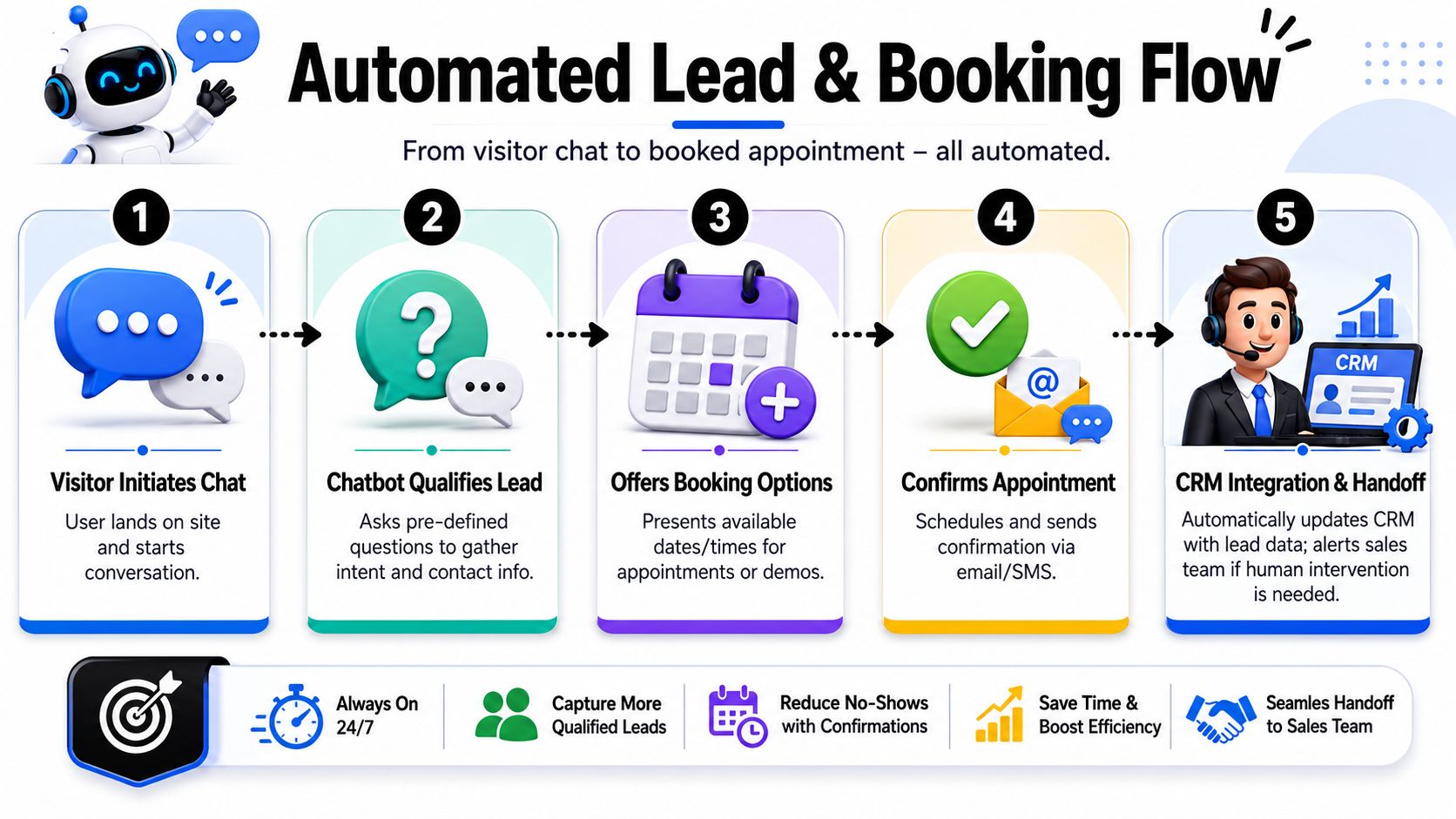 A 5-step automated lead and booking flow infographic showing how chatbots capture leads and schedule appointments.