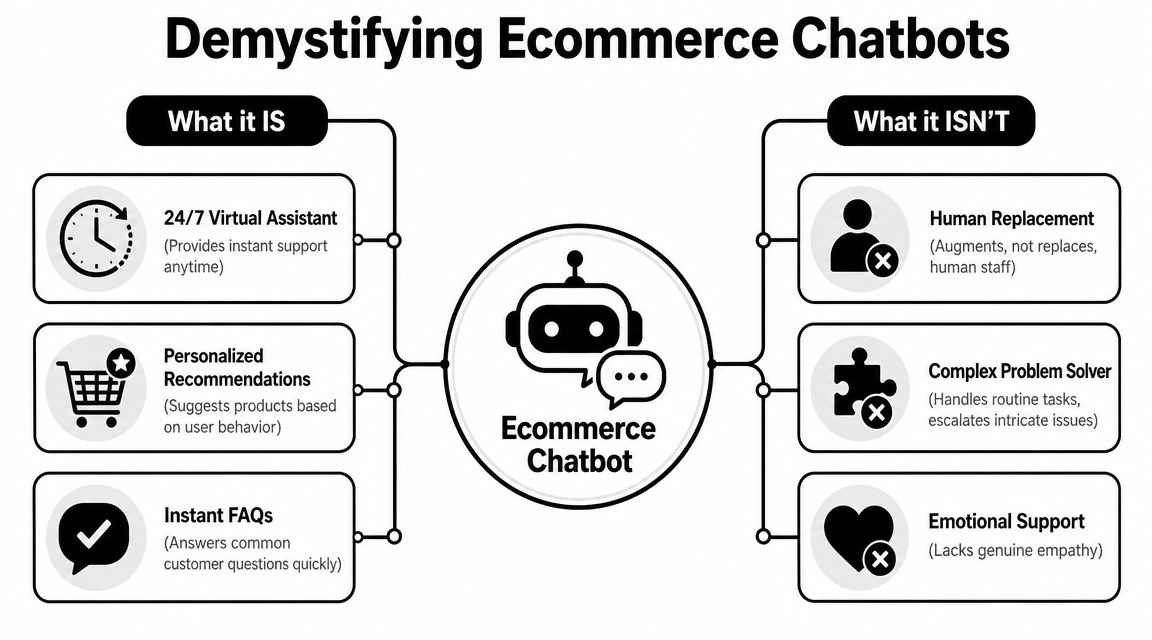 An infographic titled Demystifying Ecommerce Chatbots explaining what they are and what they are not.