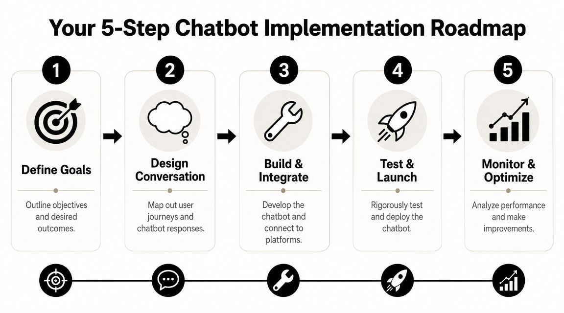 A five-step infographic showing the chatbot implementation roadmap, from defining goals to monitoring and optimizing performance.