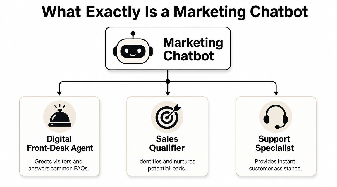 An infographic diagram explaining the three key roles and functions of a modern marketing chatbot.