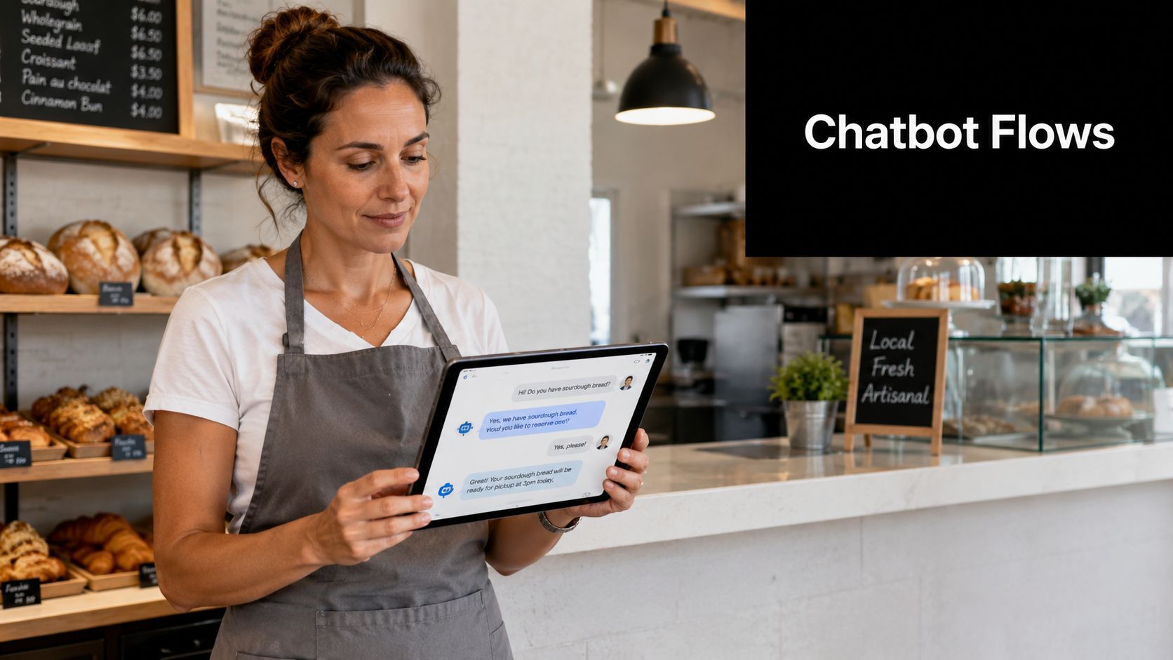 A bakery employee holding a tablet displaying a chatbot conversation about reserving fresh sourdough bread.