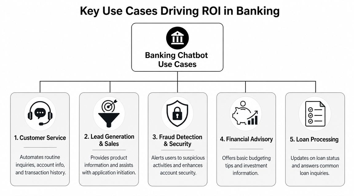 A diagram illustrating five key banking chatbot use cases that drive return on investment for banks.