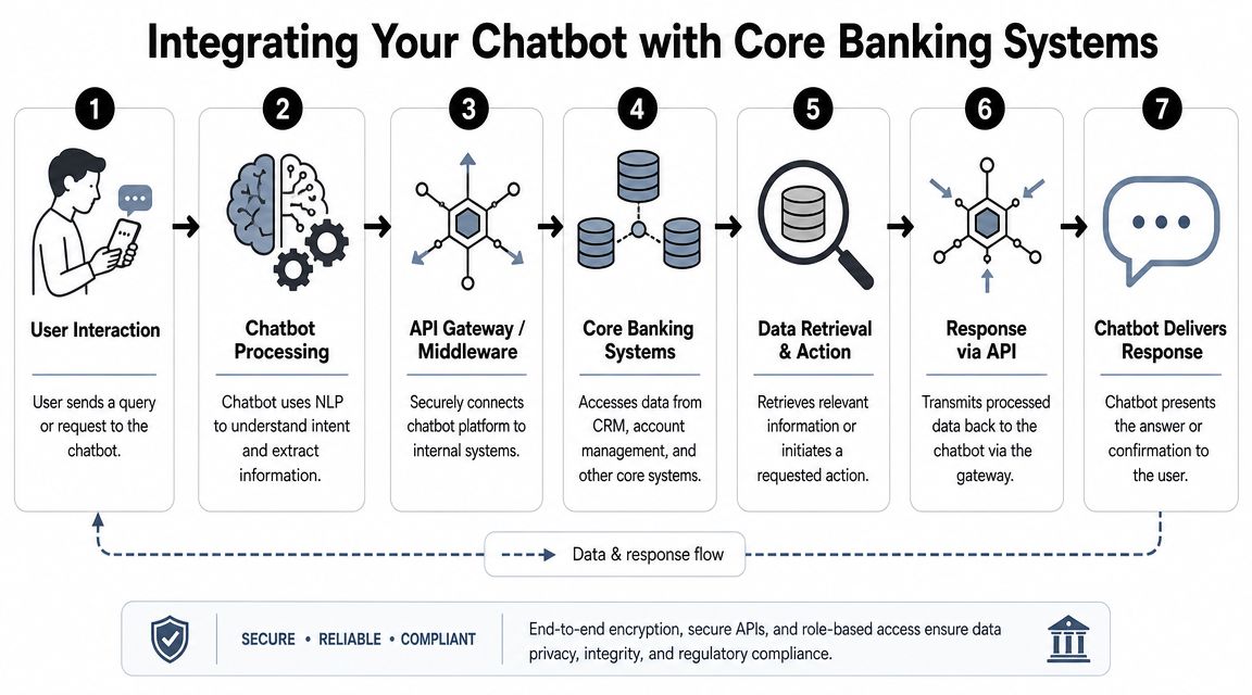 A diagram illustrating the seven-step integration process of a chatbot with secure core banking backend systems.