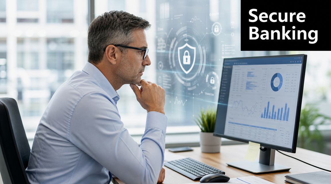 A professional man with glasses looking at a computer screen displaying financial charts and security icons.