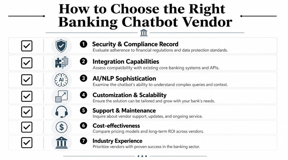 An infographic titled How to Choose the Right Banking Chatbot Vendor, listing seven essential criteria for banks.