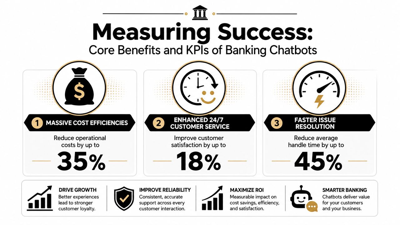 An infographic illustrating the core benefits and measurable success of implementing chatbots in banking services.