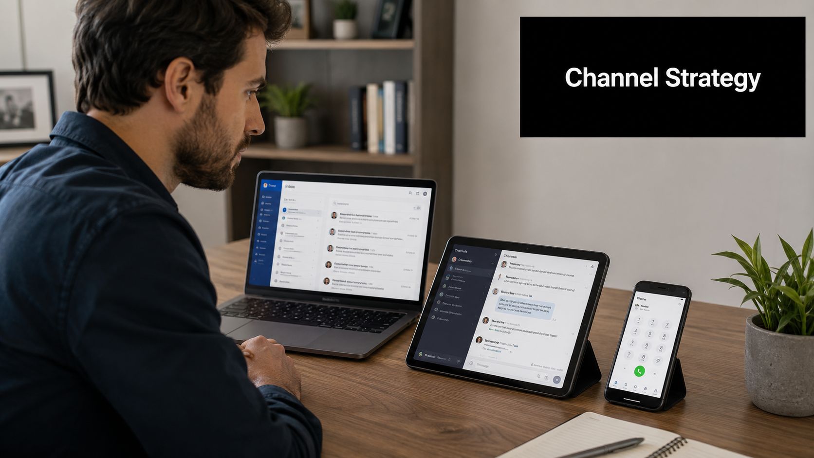 A professional working on a laptop, tablet, and smartphone displaying a multi-channel customer communication interface.