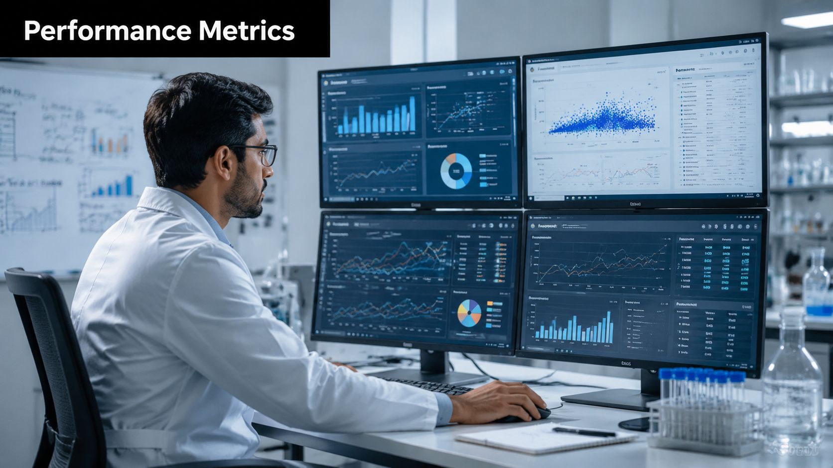 A scientist sitting at a desk viewing complex data and analytics on multiple computer monitors.