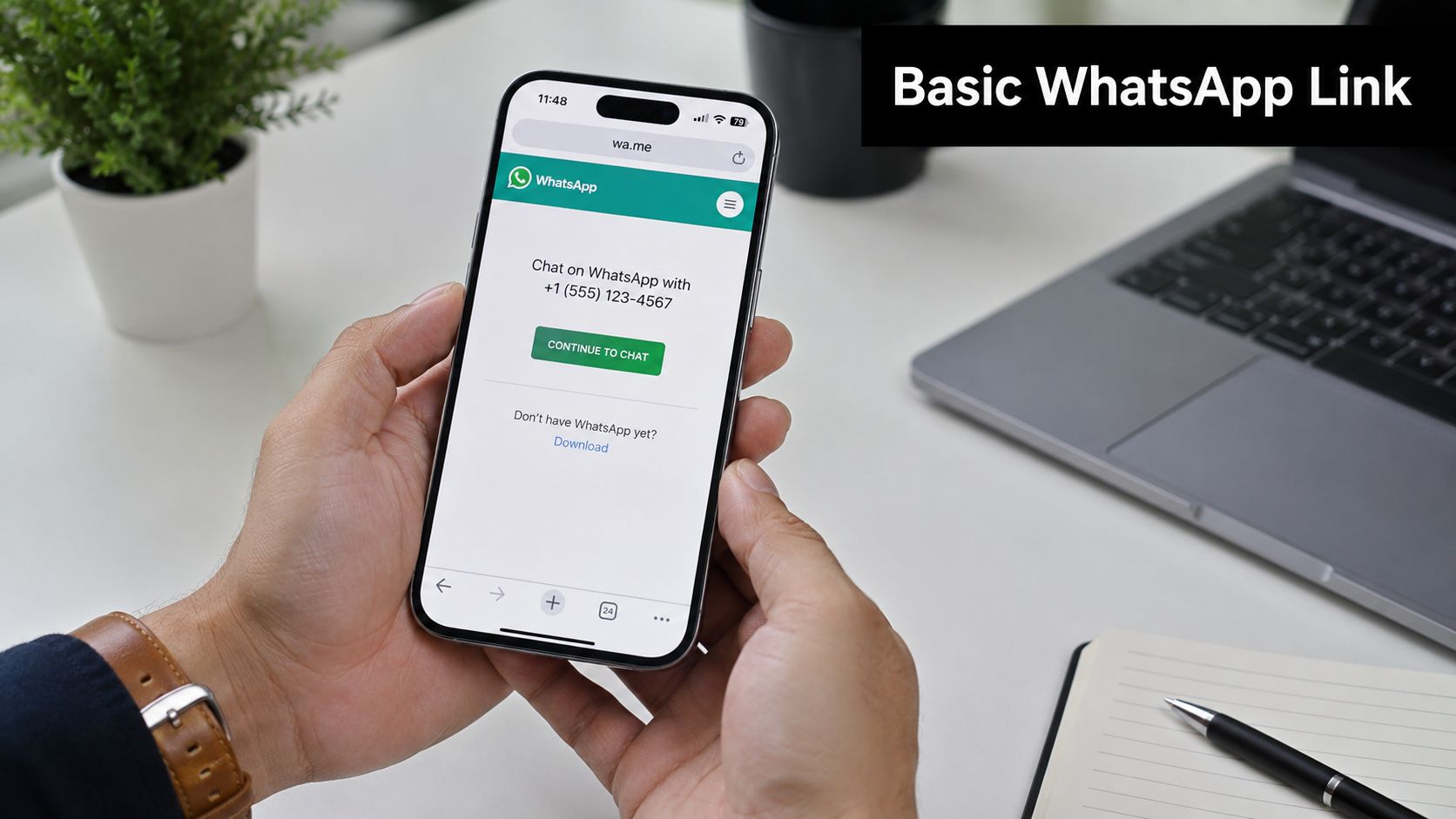 A person holding a smartphone displaying the WhatsApp link landing page to initiate a chat with someone.