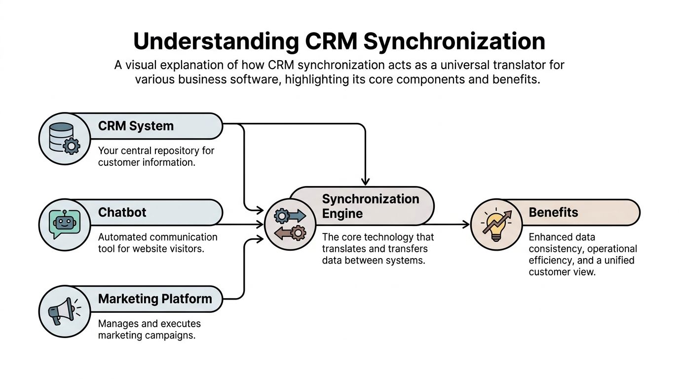 A diagram illustrating how a synchronization engine connects CRM systems, chatbots, and marketing platforms to provide benefits.