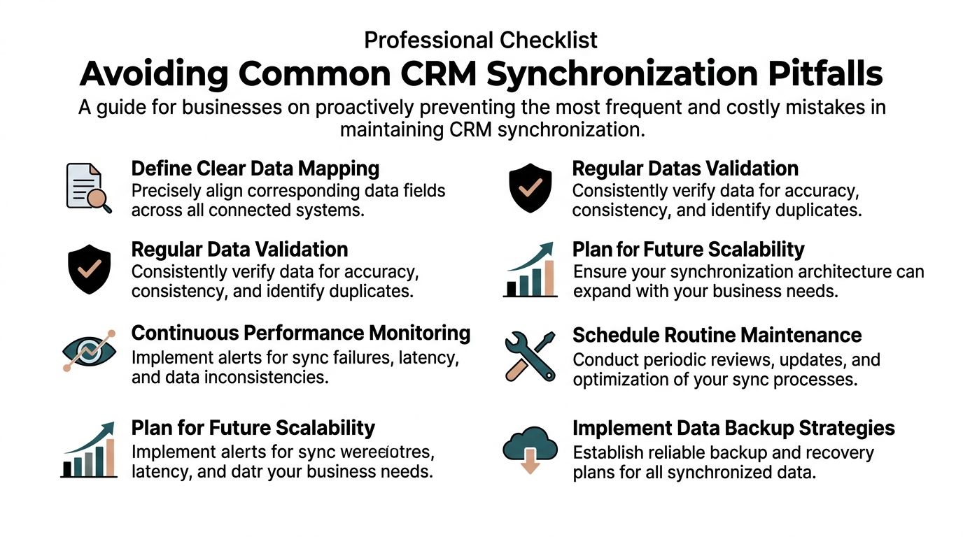 A professional infographic checklist for businesses detailing key strategies to prevent common CRM synchronization errors.