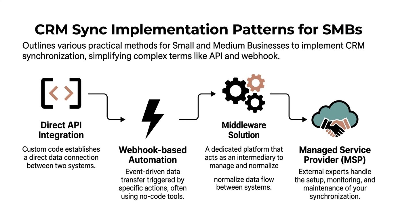 A diagram outlining four practical implementation patterns for CRM synchronization tailored for small and medium businesses.