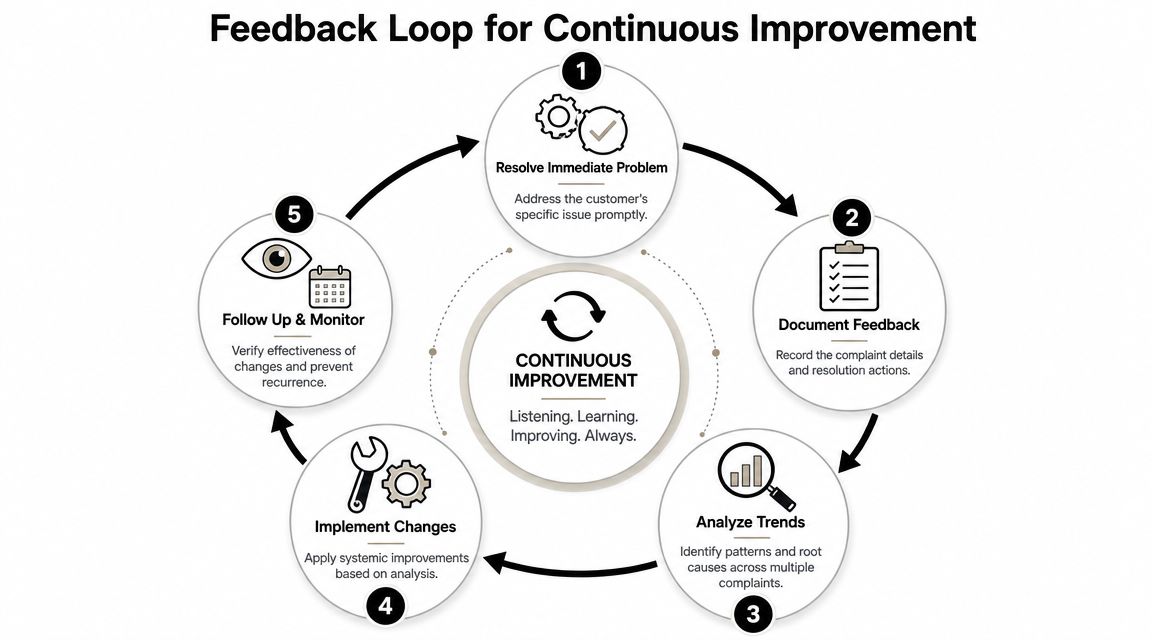 A circular diagram illustrating a five-step continuous improvement process for handling customer feedback effectively.
