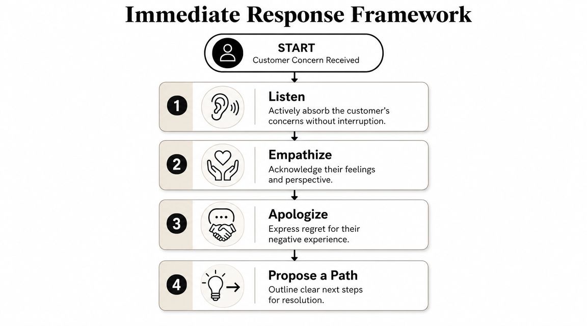 A four-step customer service flowchart illustrating how to handle customer concerns with empathy and clear resolution.