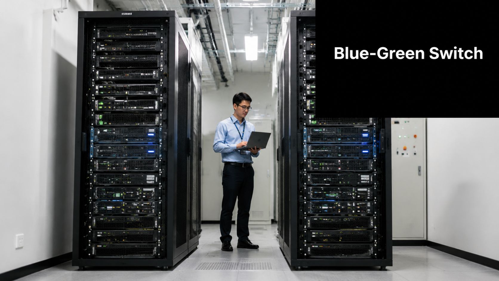 A technician working on a laptop in a data center during a blue-green software deployment process.
