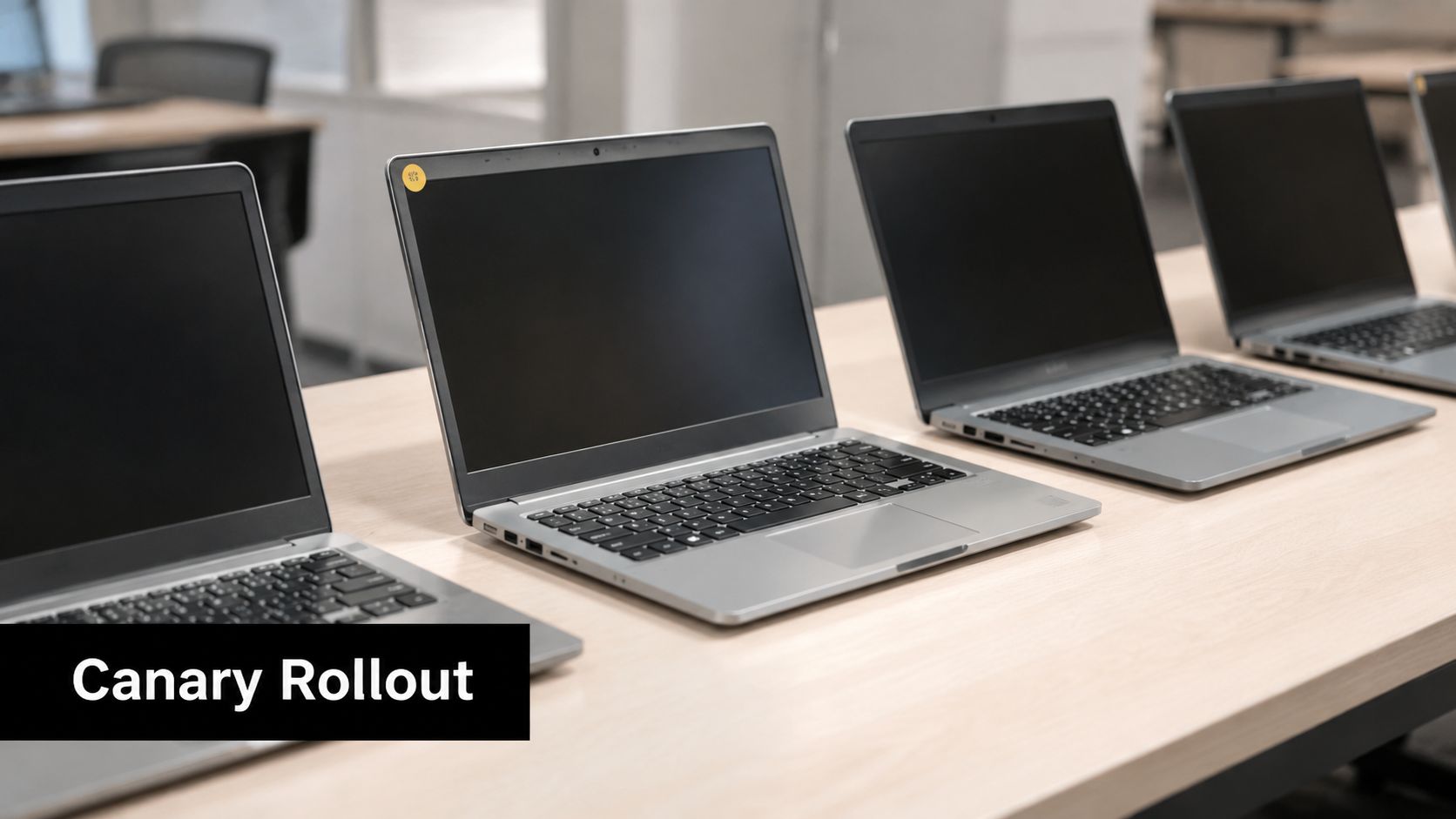 A row of several silver laptops arranged on a wooden desk during a technology deployment project.