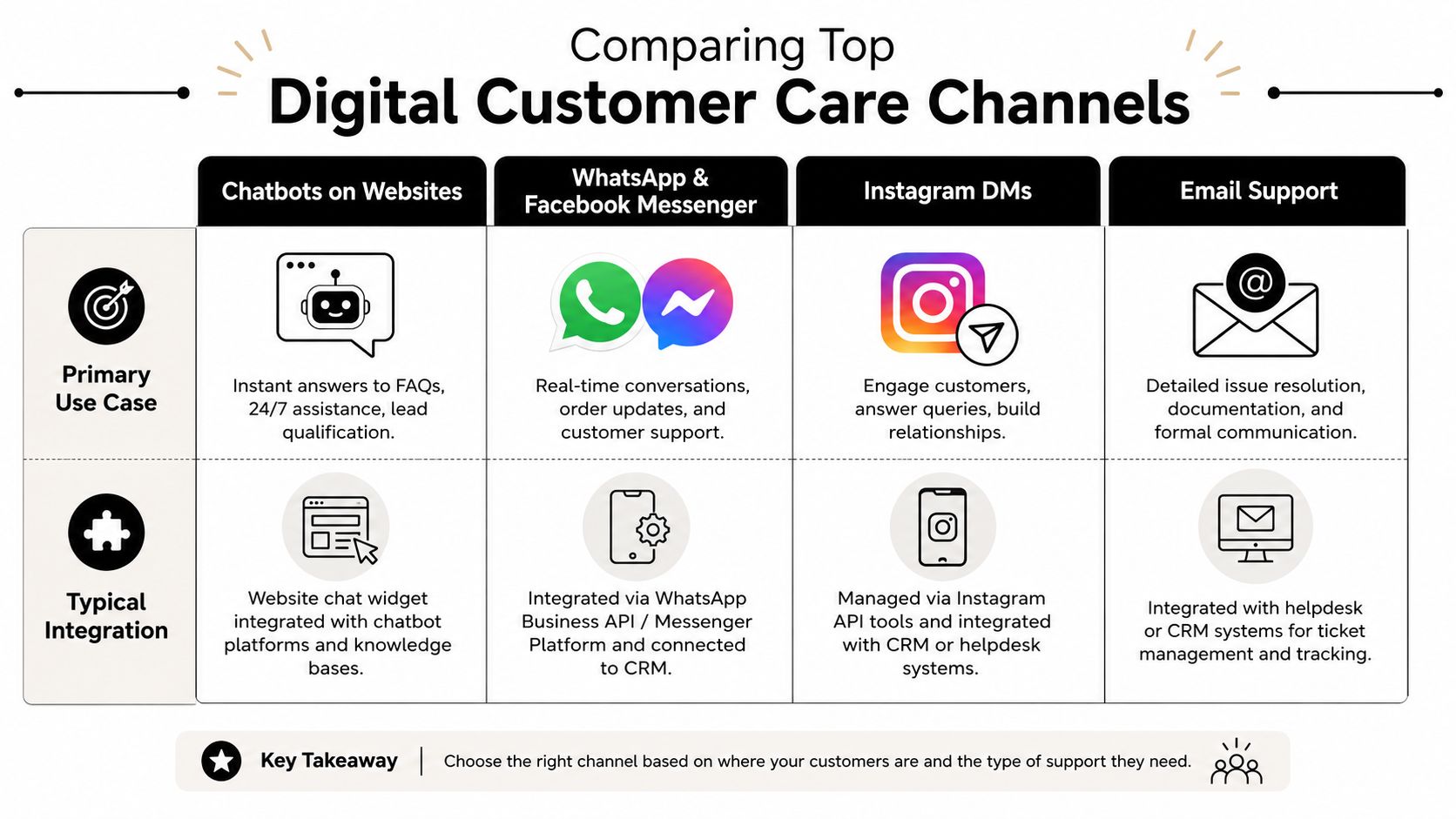 A comparison chart outlining the primary use cases and integrations for various digital customer care channels.