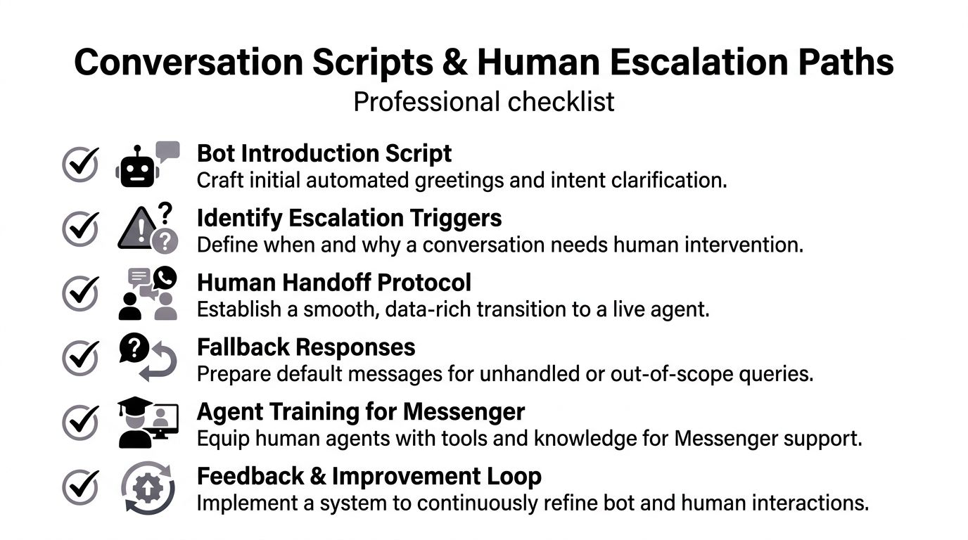 A professional checklist for managing conversation scripts and human escalation paths in customer support bots.