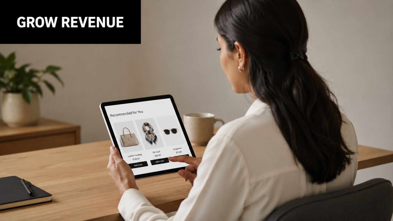 A woman reviewing personalized product recommendations on a tablet while sitting at an office desk.